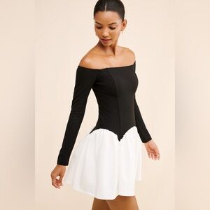 Anthropologie Drop Waist Off The Shoulder Mini Dress Black & White Size S NWOT